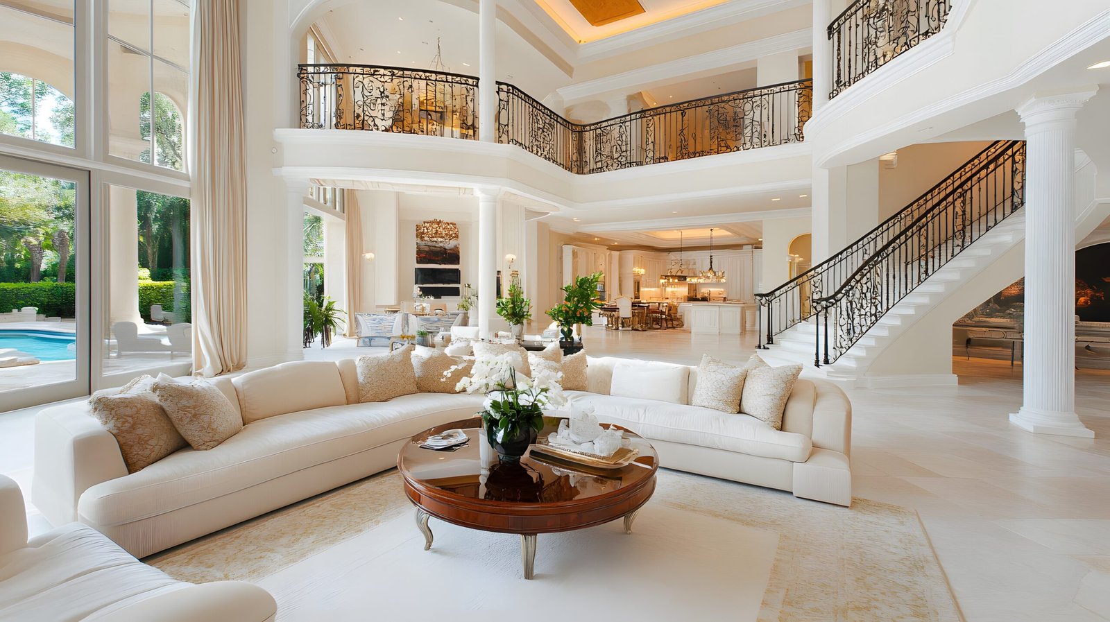 curved staircase with intricate wrought iron railings in a lavish, high ceilinged living room