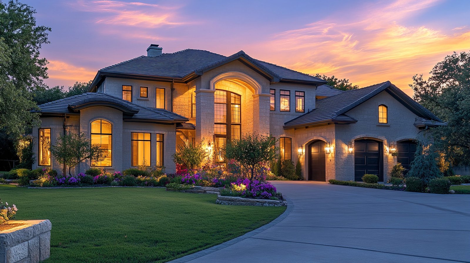 elegant home exterior twilight with flowers warm soft light modern inviting landscaped