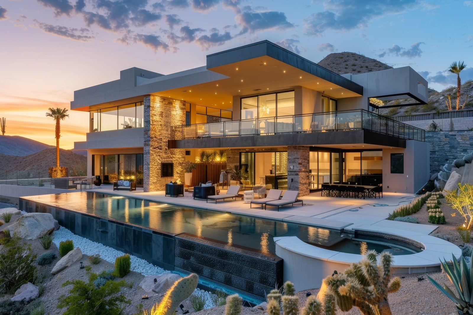 a large contemporary house featuring a pool in the front yard, a cutting edge smart home with voice activated controls, integrated security systems, and energy efficient features