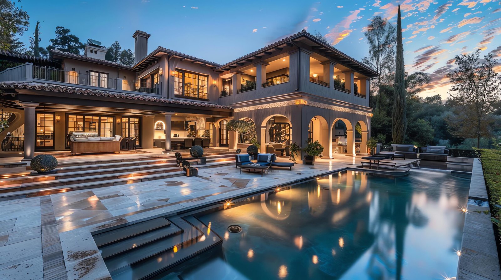 Projects a luxurious modern house with a swimming pool and a beautiful view of the city.