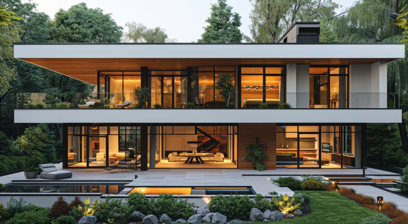 luxurious modern two story house with lush garden and outdoor pool