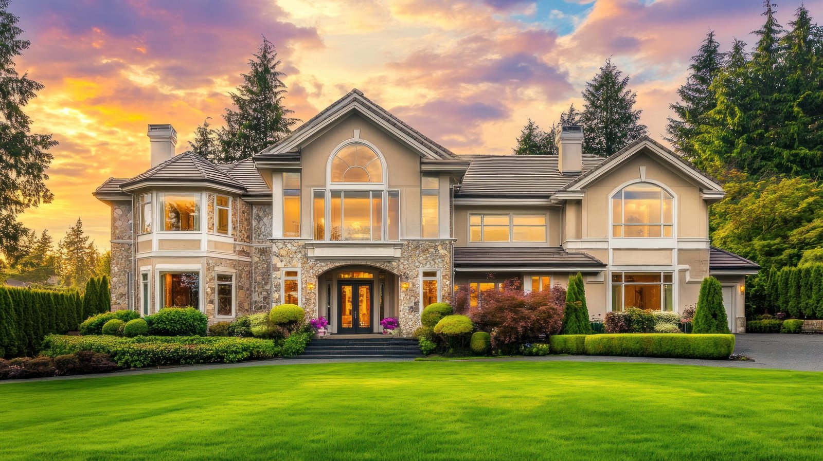 Projects luxury home with green lawn