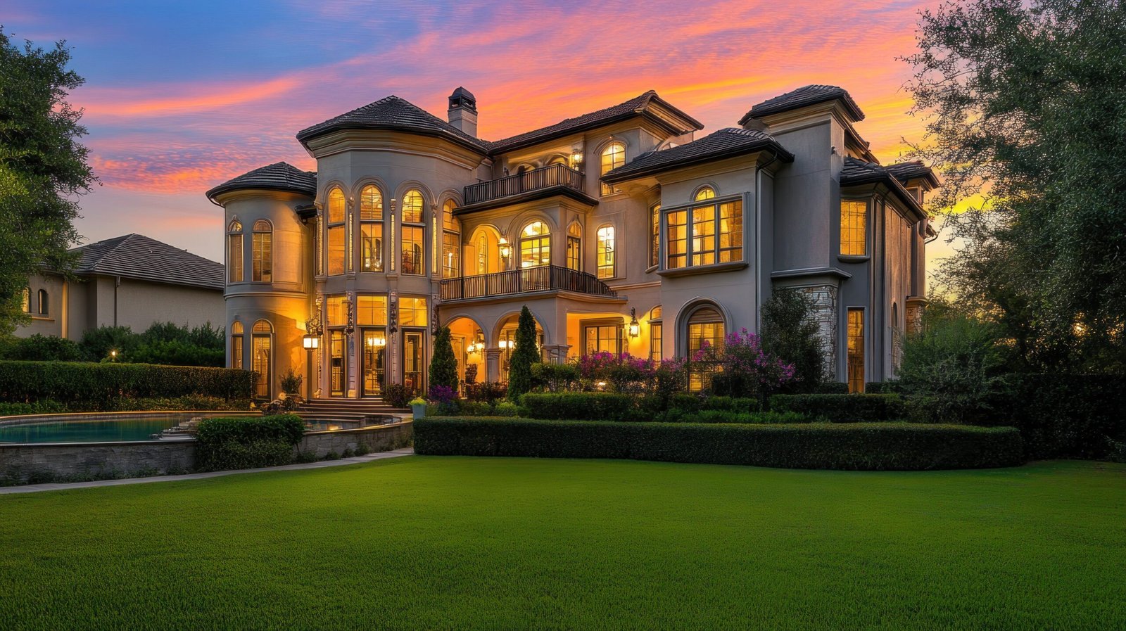 luxury mansion at dusk