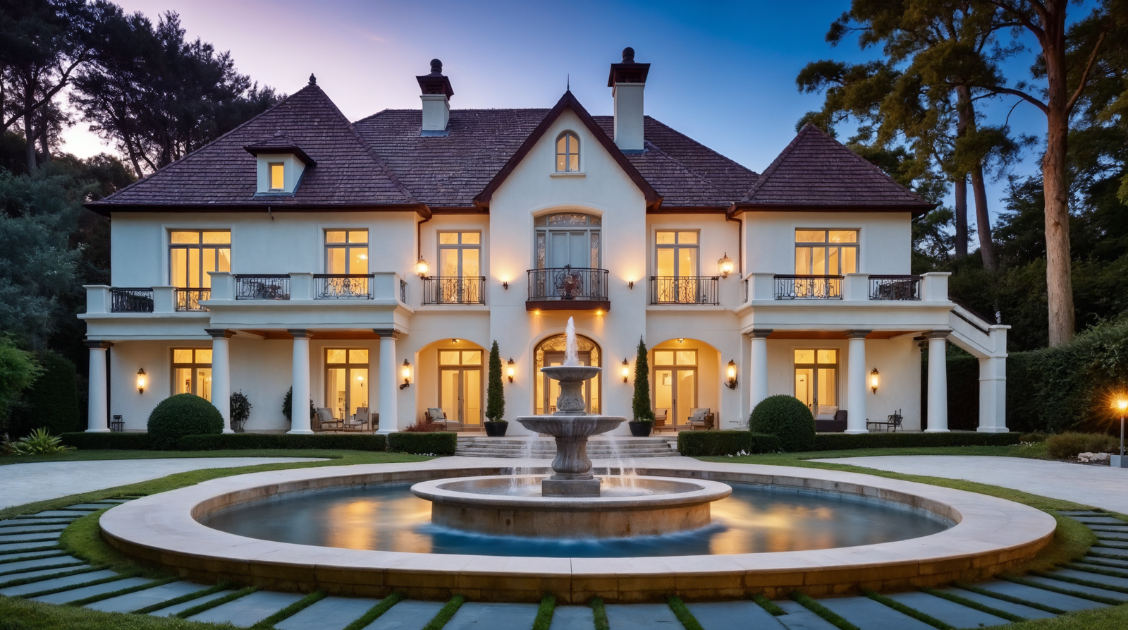 Projects luxury mansion with fountain landscaped garden