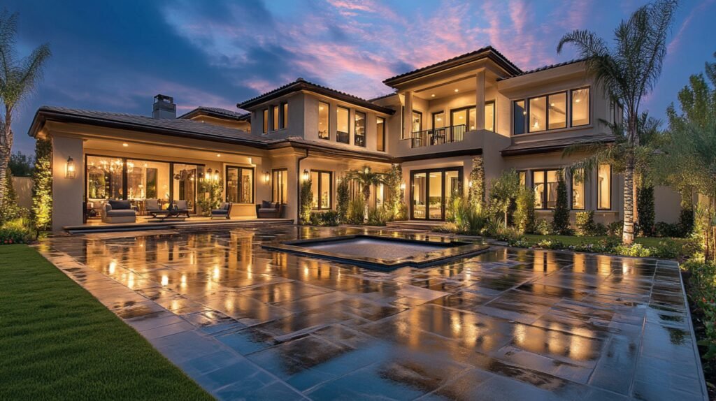 modern luxurious house exterior with beautiful yardgaragewindowsswimming pool sunset view