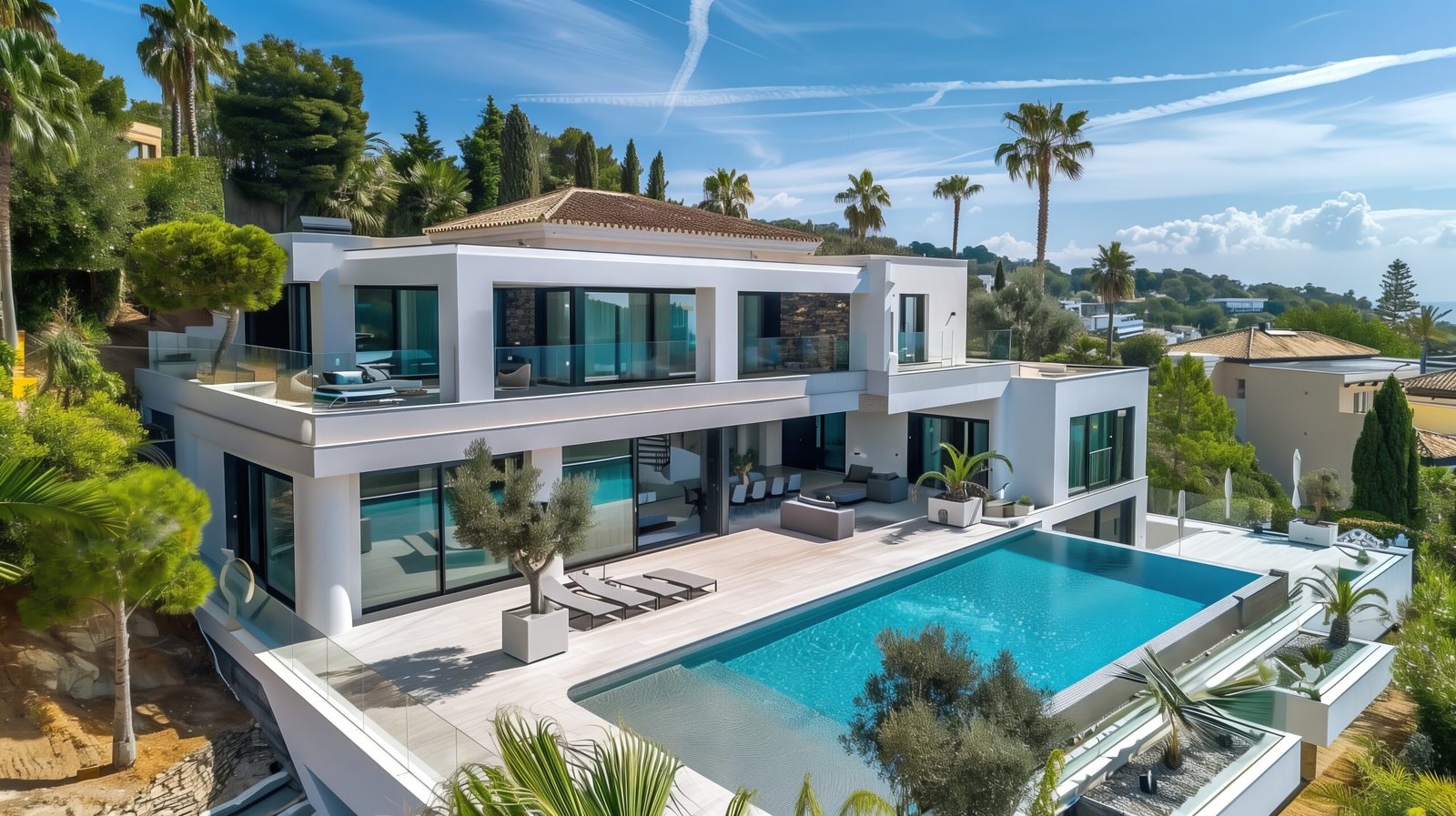 white house with a pool, surrounded by trees, under a blue sky
